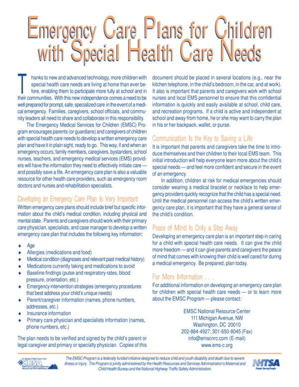 emergency care plan for children with special needs 1
