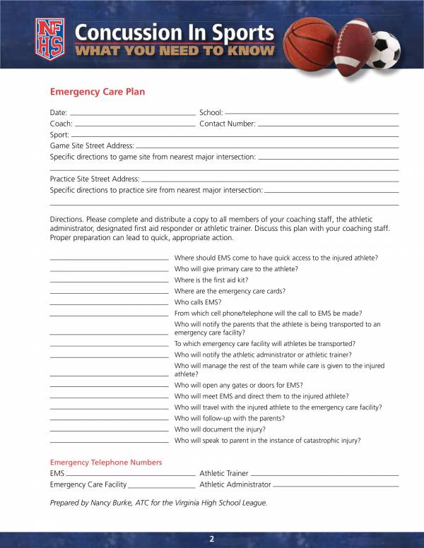 emergency care plan for concussions in sports 2