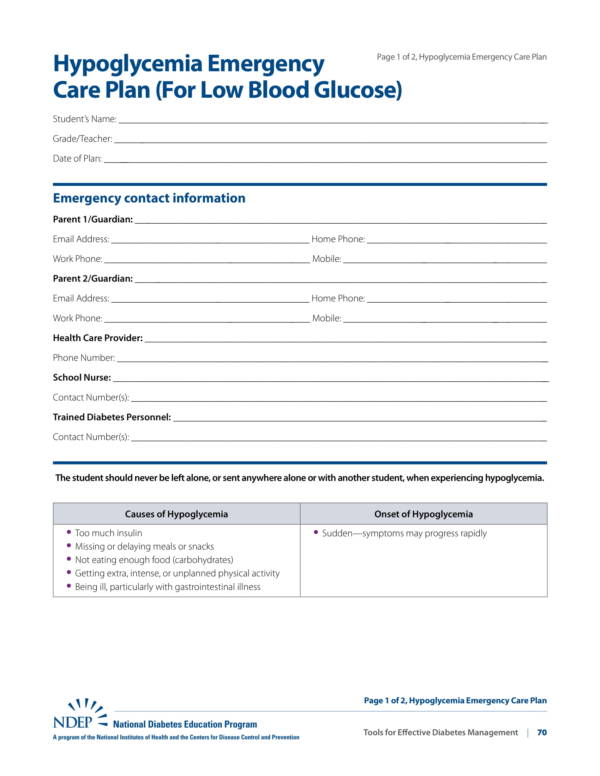 hypoglycemia emergency care plan template 1