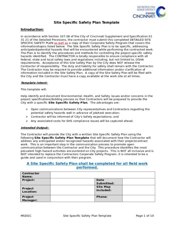 sample constrcution site specific safety plan template