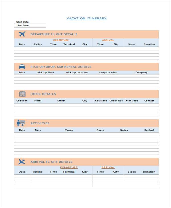vacation itinerary planner template