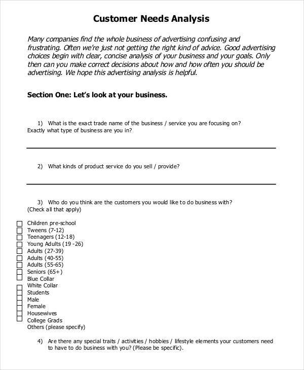 customer needs analysis template for business