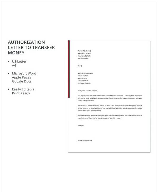 free authorization letter to transfer money