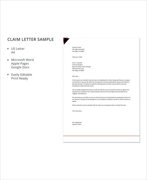 FREE 9+ Sample Claims Letter Templates in PDF | MS Word ...