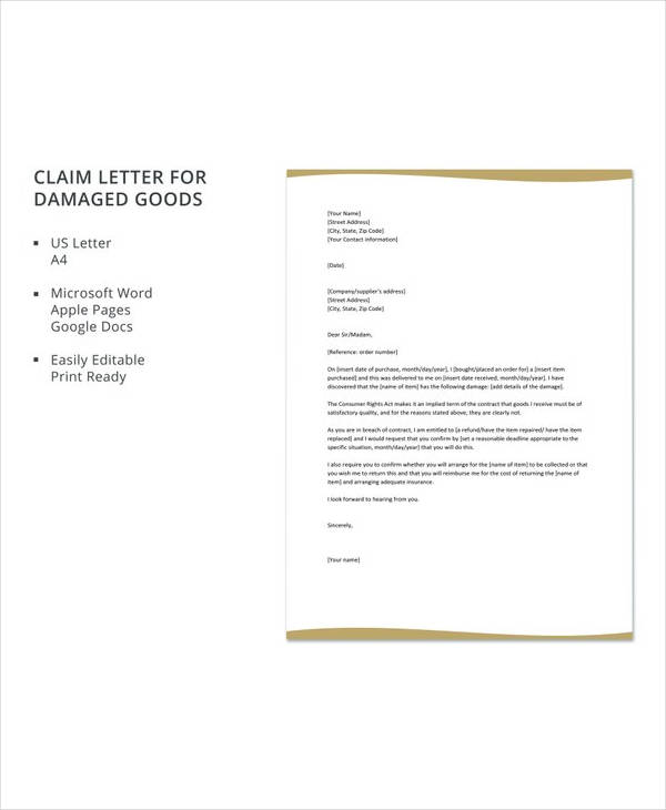 free claim letter for damaged goods