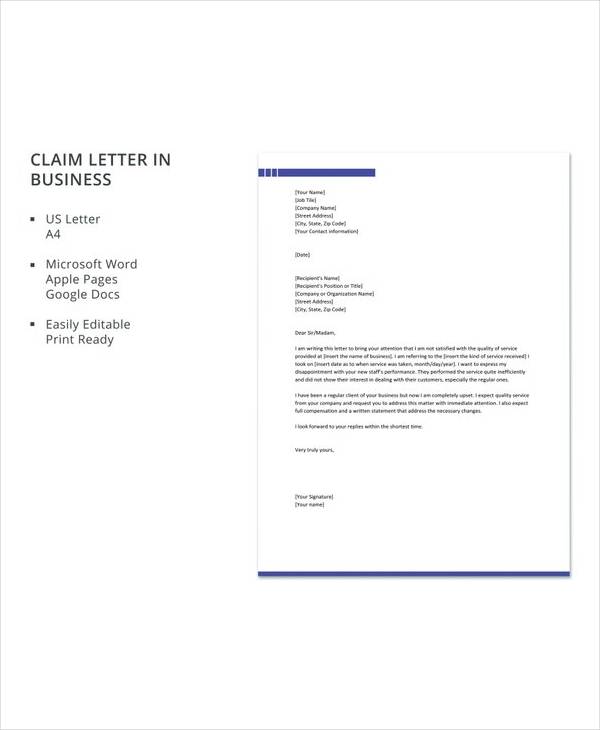 free claim letter in business