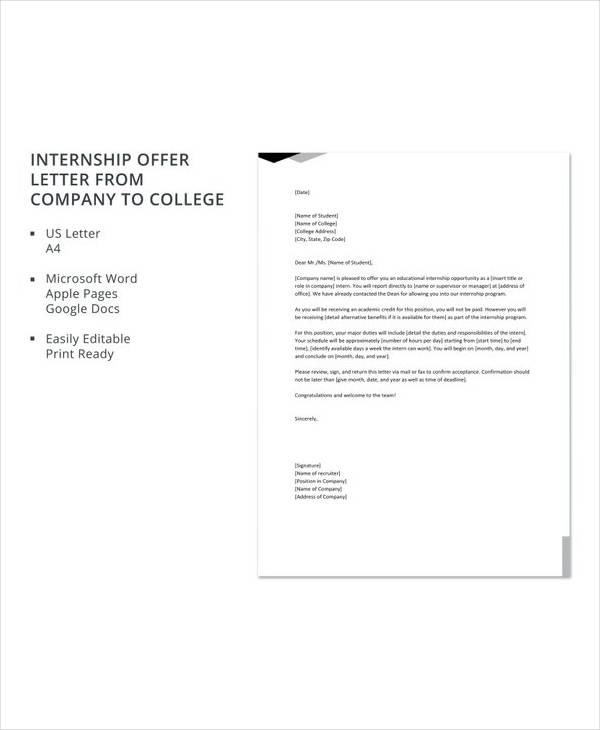 free internship offer letter from company to college