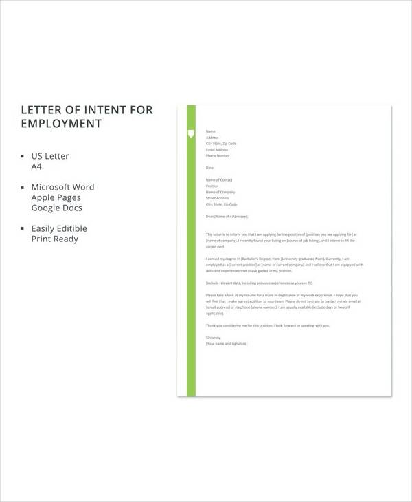 10 Letter Of Intent For Employment Samples Pdf Doc
