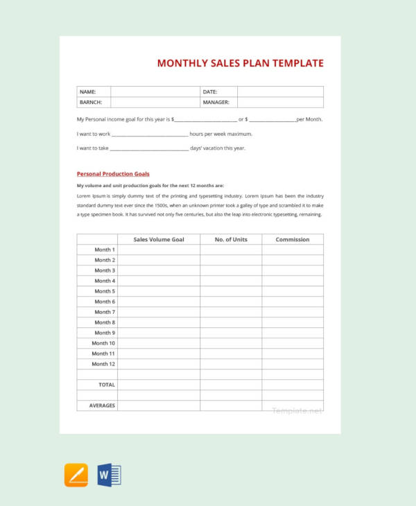 free monthly sales plan template