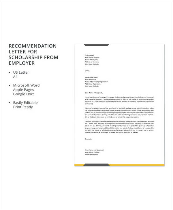 free recommendation letter for scholarship from employer