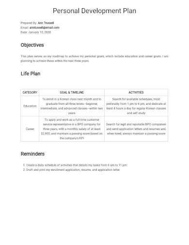 free sample personal development plan template