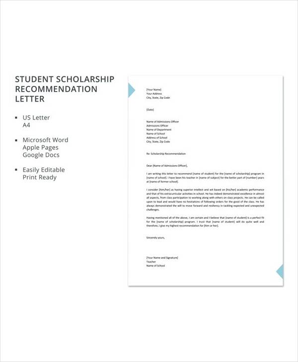 free student scholarship recommendation letter