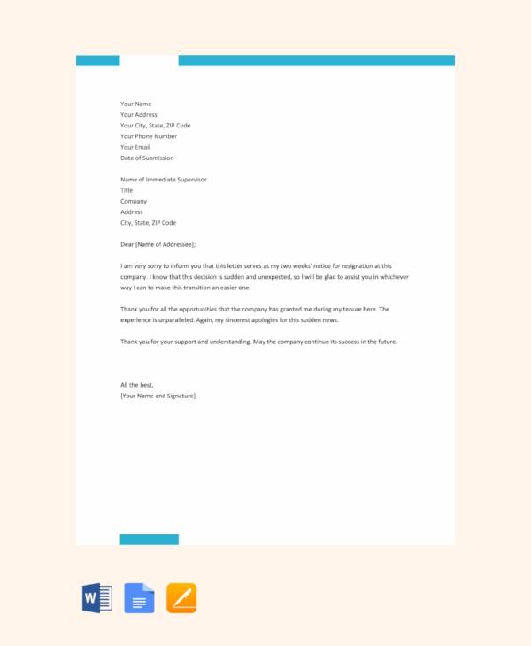 free two weeks notice resignation letter template