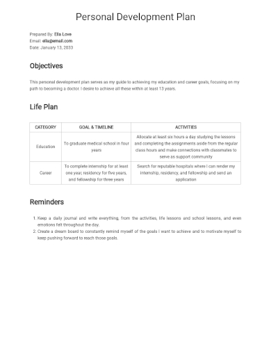 medical personal development plan template