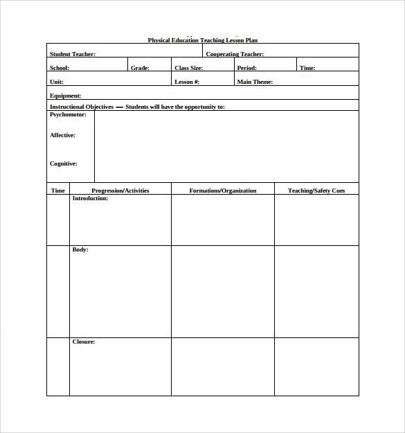 physical education teaching lesson plan template