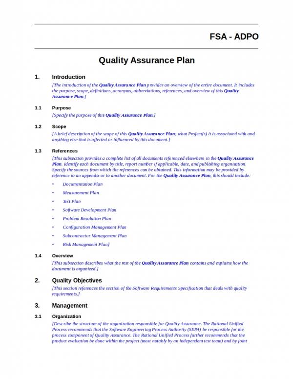 Quality Assurance Plan Template Word