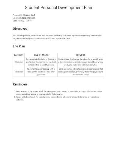 student personal development plan template