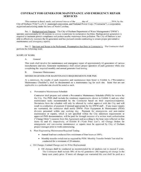contract for generator maintenance
