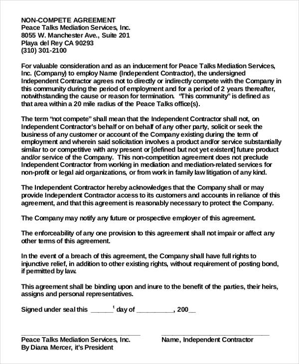 contractor non compete agreement template