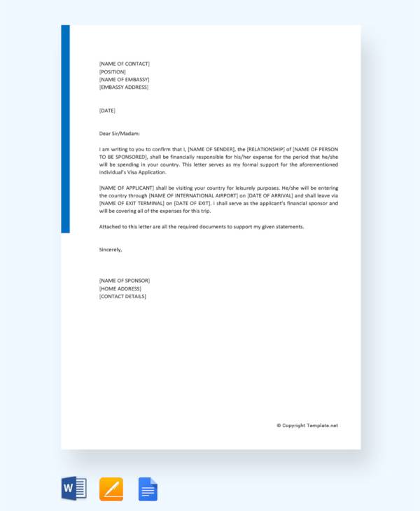 financial sponsorship letter for visa