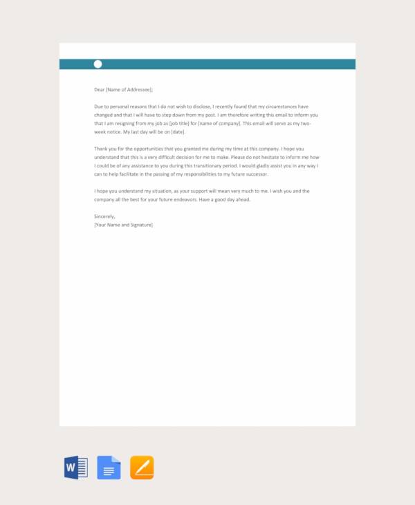 free email resignation letter for personal reasons template