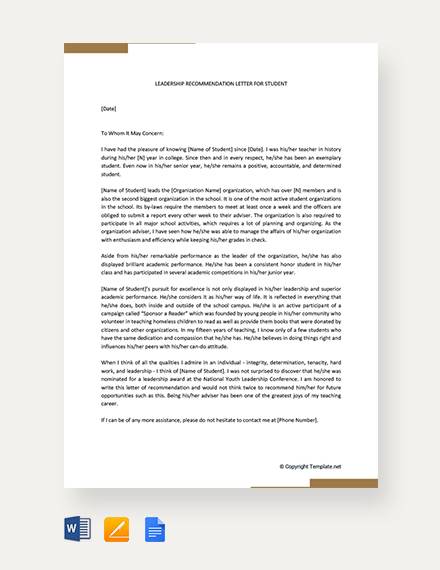 free leadership recommendation letter for school student