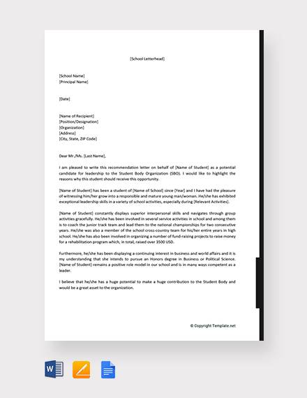 free leadership recommendation letter for student