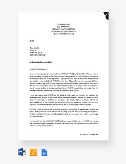 FREE 9+ Sample Leadership Recommendation Letter Templates in PDF | MS