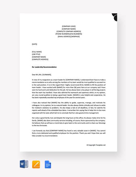 free leadership recommendation letter1