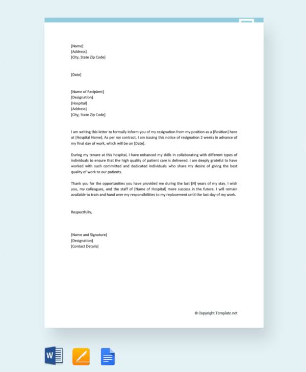 free nursing resignation letter 2 week notice