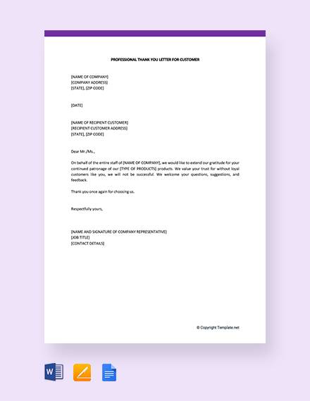 free professional thank you letter for customer template