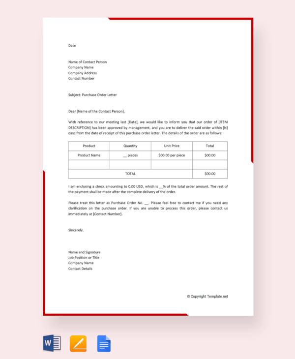 free purchase order letter