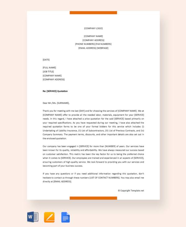 Free 30 Sample Quotation Letter Templates In Pdf Ms Word Google Docs Pages