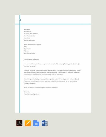 Free 8 Sample Resignation Letters For Personal Reasons In Pdf Ms Word Pages Google Docs