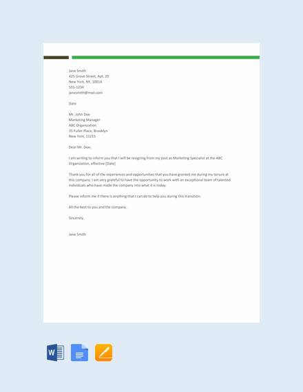 free sample resignation letter template