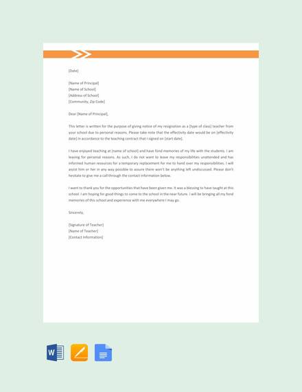 free teacher resignation letter for personal reasons template