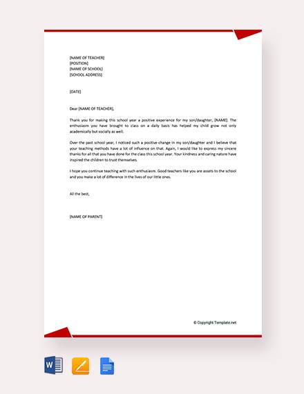 Free 10 Printable Thank You Letter To Teacher In Pdf Ms Word Pages Google Docs