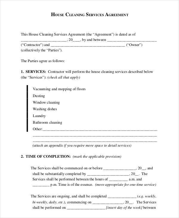 house cleaning services agreement contract