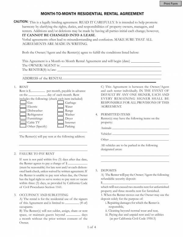 month to month residential rental agreement template 1