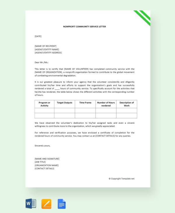 nonprofit community service letter