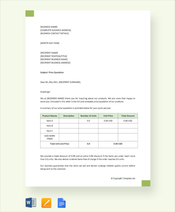 FREE 30+ Sample Quotation Letter Templates in PDF | MS Word | Google