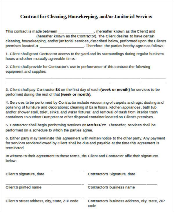 printable cleaning contract template