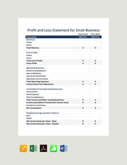 profit and loss statement for small business template