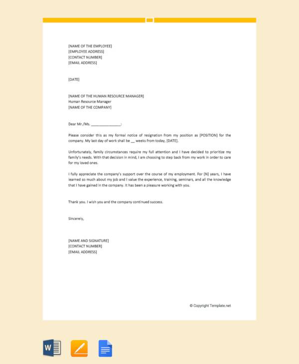 FREE 10 Sample Resignation Letter For Family Reasons In