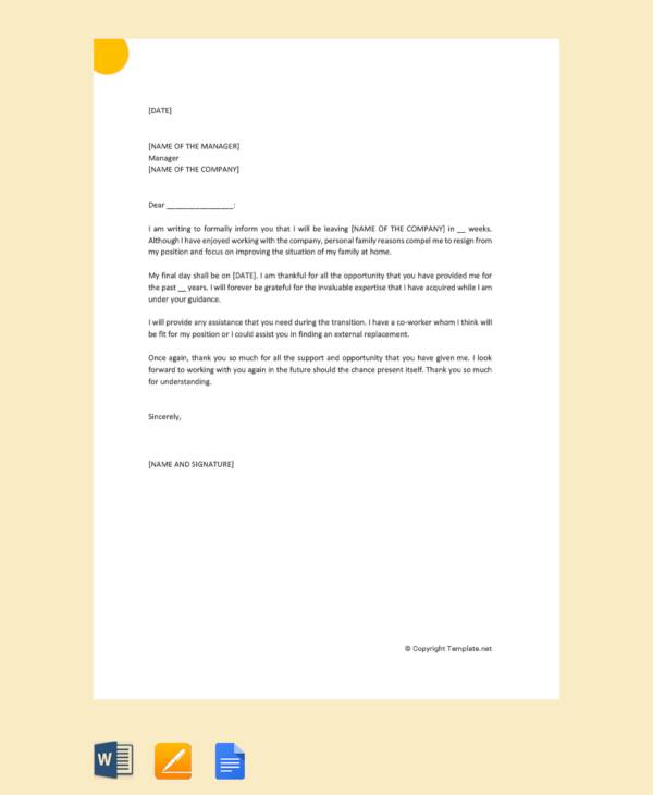 FREE 10 Sample Resignation Letter For Family Reasons In Apple Pages MS Word Google Docs