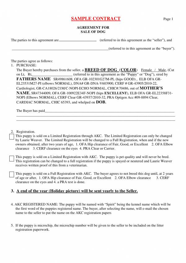 sample contract template for the sale of dog 1