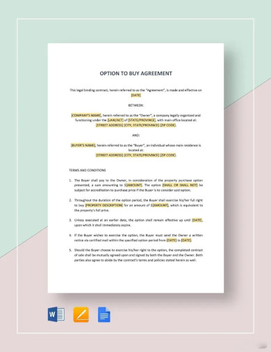 sample option to purchase or buy agreement template