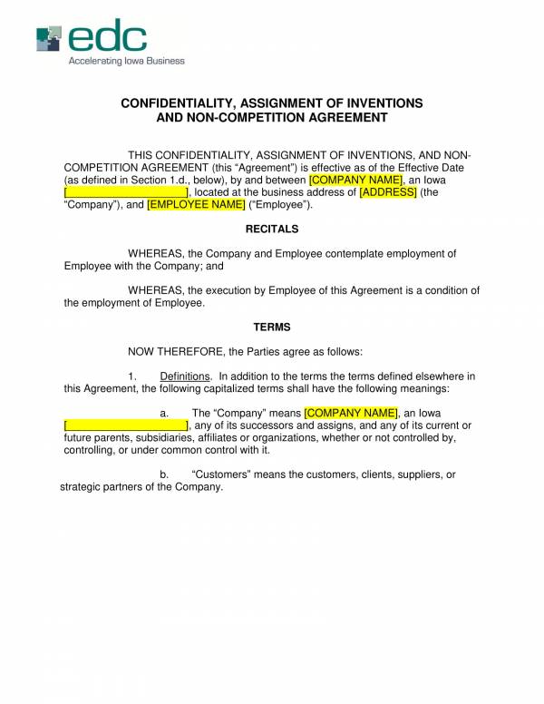 assignment of inventions nda and non compete agreement template 01