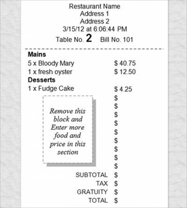 basic restaurant receipt template