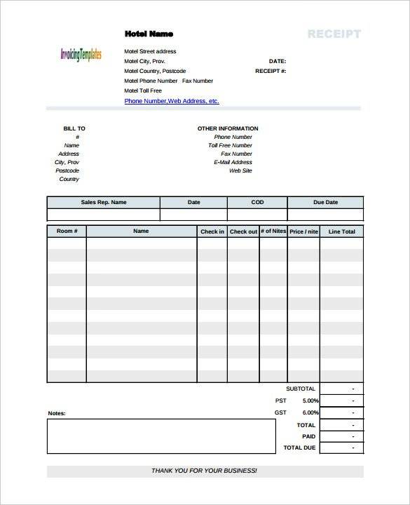 blank hotel receipt template